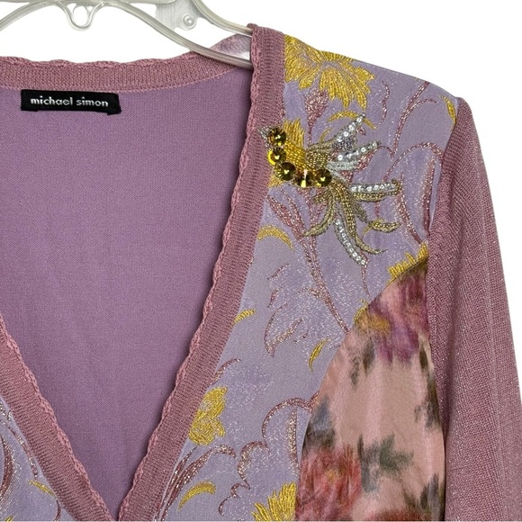 Michael Simon Silk Blend Floral Beaded Bird Cardigan Sweater Size XL Pink Purple - Picture 3 of 7